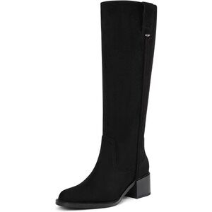 Women's Suede Black Chunky Low Block Heel Round Toe Faux Leather Knee High Boots